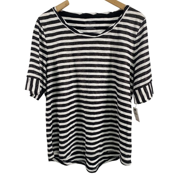 Talbots Shirt Womens Large Black White Striped Ruffle Sleeve Metallic Tee Top - Picture 1 of 12